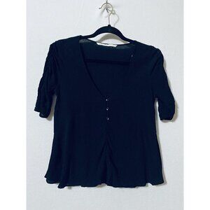 Zara Womens XS Ruched Sleeve Henley Cropped Top Black Flowy Cottagecore Boho